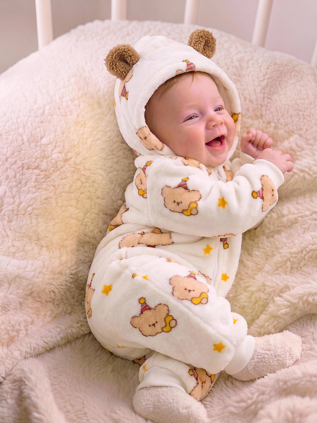 Newborn Baby Boy Autumn/Winter Cute Fluffy Cartoon Pattern Hooded Romper, Fleece Romper, Bear Romper, Halloween Romper