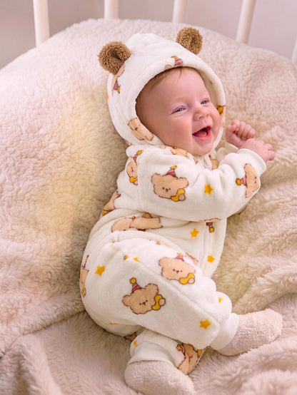 Newborn Baby Boy Autumn/Winter Cute Fluffy Cartoon Pattern Hooded Romper, Fleece Romper, Bear Romper, Halloween Romper