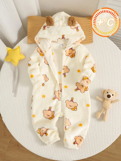 Newborn Baby Boy Autumn/Winter Cute Fluffy Cartoon Pattern Hooded Romper, Fleece Romper, Bear Romper, Halloween Romper