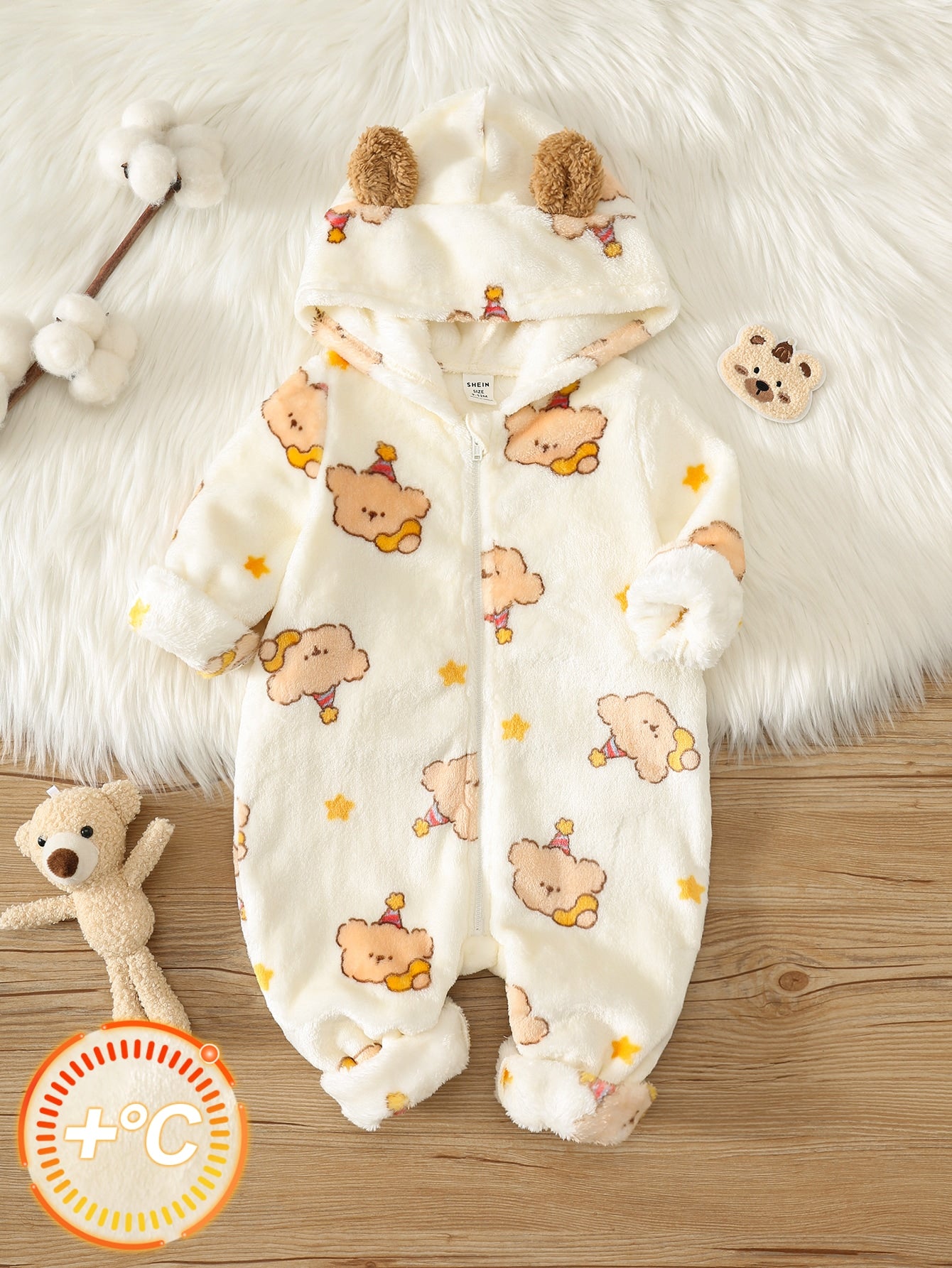 Newborn Baby Boy Autumn/Winter Cute Fluffy Cartoon Pattern Hooded Romper, Fleece Romper, Bear Romper, Halloween Romper