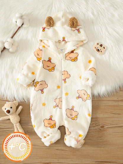 Newborn Baby Boy Autumn/Winter Cute Fluffy Cartoon Pattern Hooded Romper, Fleece Romper, Bear Romper, Halloween Romper