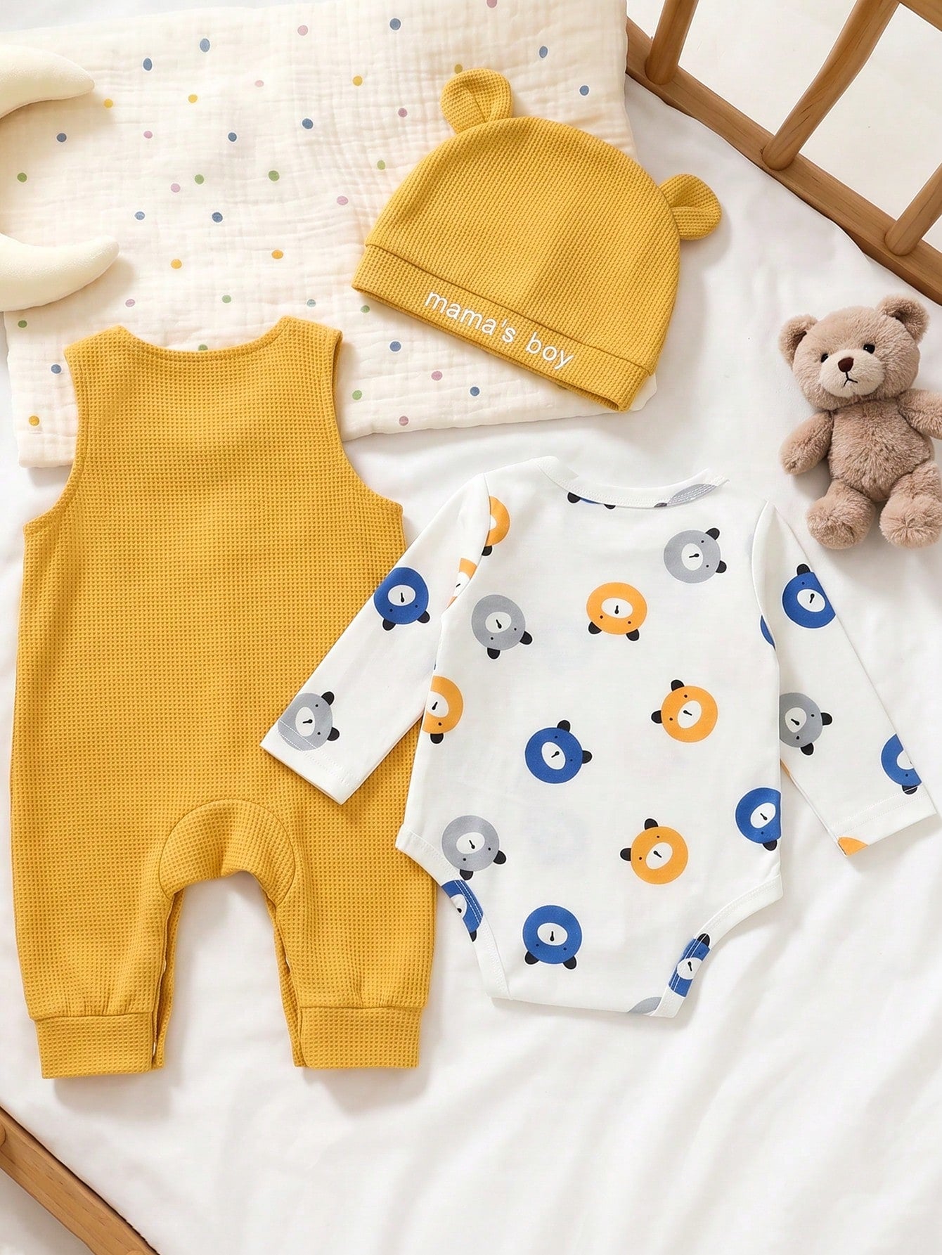 Newborn Baby Boy Bear Print Long Sleeve Jumpsuit, Paired With Bear Patch Sleeveless Bodysuit + Matching Hat; Fresh And Cute, Autumn Holiday Style, Soft And Skin-Friendly Fabric.