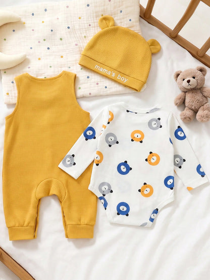 Newborn Baby Boy Bear Print Long Sleeve Jumpsuit, Paired With Bear Patch Sleeveless Bodysuit + Matching Hat; Fresh And Cute, Autumn Holiday Style, Soft And Skin-Friendly Fabric.