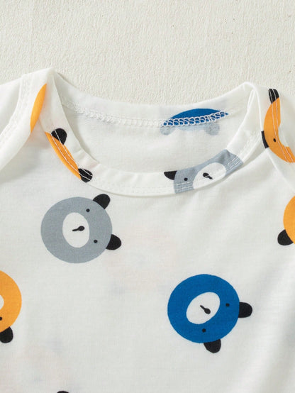 Newborn Baby Boy Bear Print Long Sleeve Jumpsuit, Paired With Bear Patch Sleeveless Bodysuit + Matching Hat; Fresh And Cute, Autumn Holiday Style, Soft And Skin-Friendly Fabric.