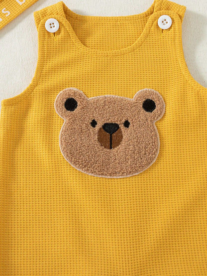 Newborn Baby Boy Bear Print Long Sleeve Jumpsuit, Paired With Bear Patch Sleeveless Bodysuit + Matching Hat; Fresh And Cute, Autumn Holiday Style, Soft And Skin-Friendly Fabric.