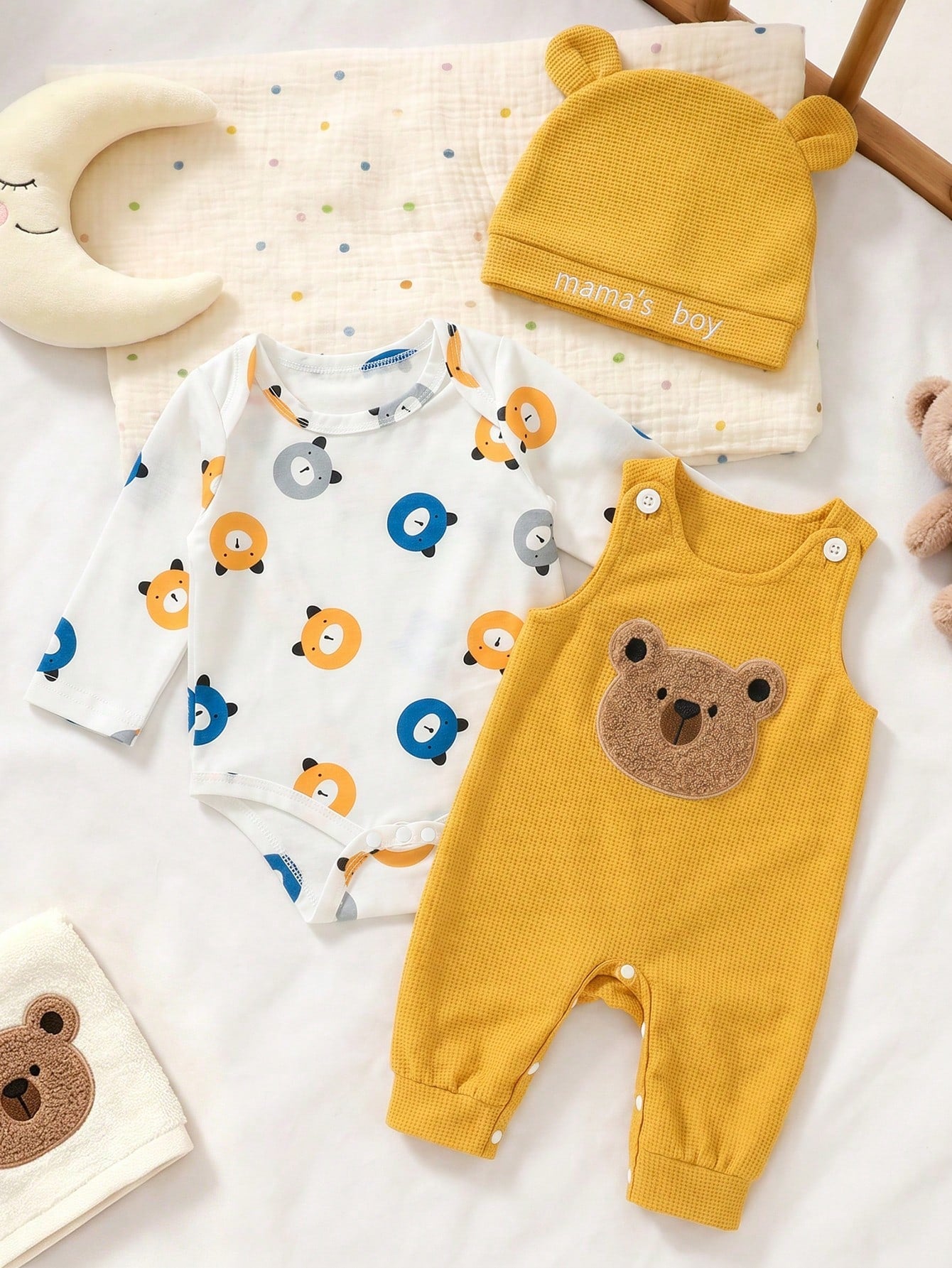 Newborn Baby Boy Bear Print Long Sleeve Jumpsuit, Paired With Bear Patch Sleeveless Bodysuit + Matching Hat; Fresh And Cute, Autumn Holiday Style, Soft And Skin-Friendly Fabric.