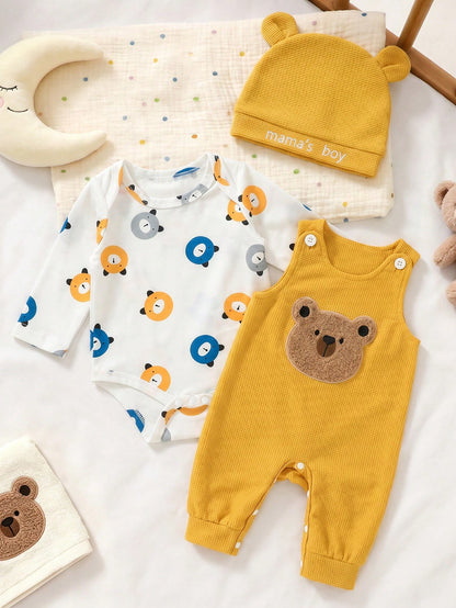 Newborn Baby Boy Bear Print Long Sleeve Jumpsuit, Paired With Bear Patch Sleeveless Bodysuit + Matching Hat; Fresh And Cute, Autumn Holiday Style, Soft And Skin-Friendly Fabric.