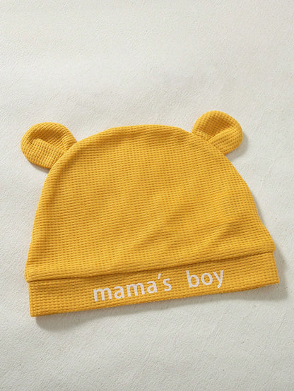 Newborn Baby Boy Bear Print Long Sleeve Jumpsuit, Paired With Bear Patch Sleeveless Bodysuit + Matching Hat; Fresh And Cute, Autumn Holiday Style, Soft And Skin-Friendly Fabric.