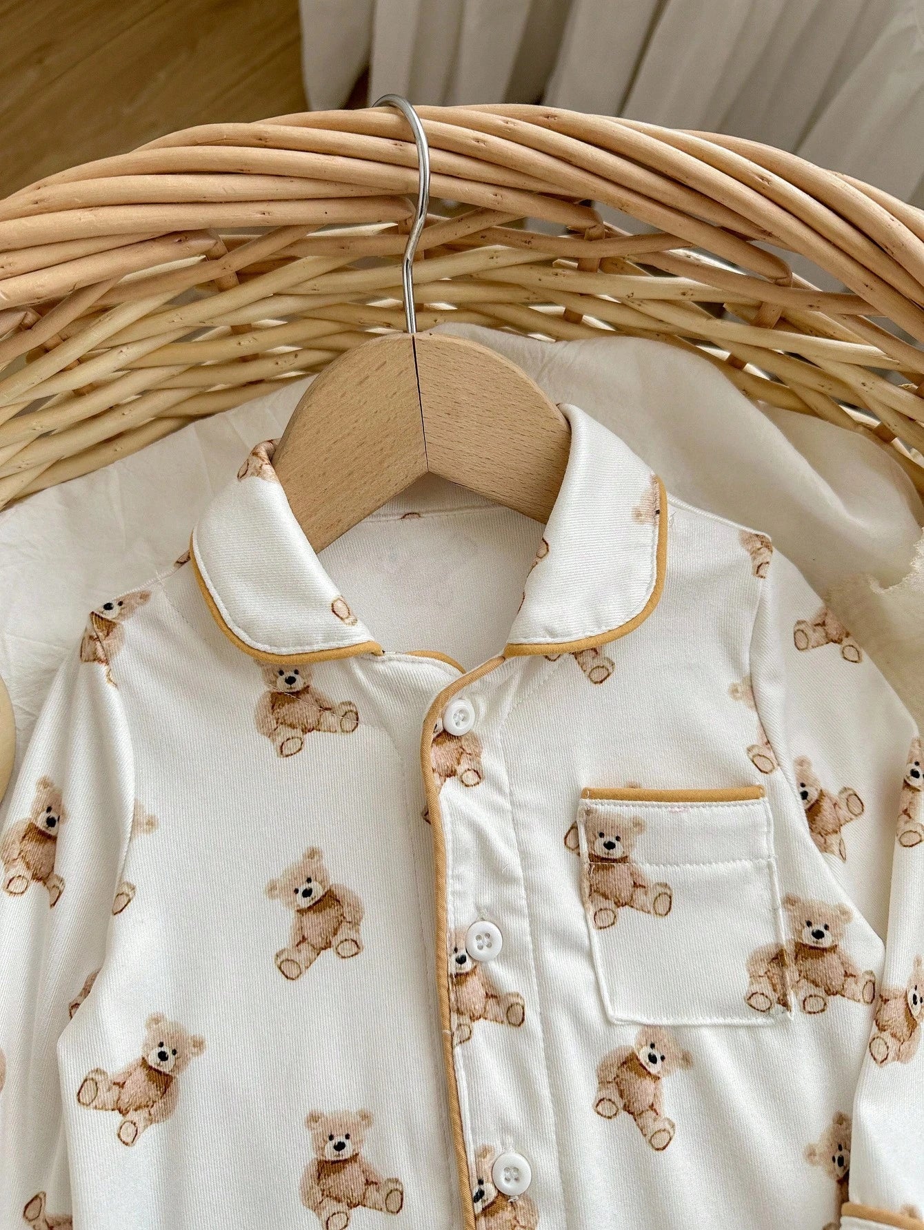 Newborn Baby Boy Cute Bear Pattern Lapel Button Pocket Long Sleeve Jumpsuit Soft Loungewear