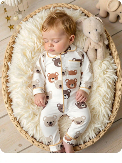 Newborn Baby Boy Cute Bear Pattern Lapel Button Pocket Long Sleeve Jumpsuit Soft Loungewear