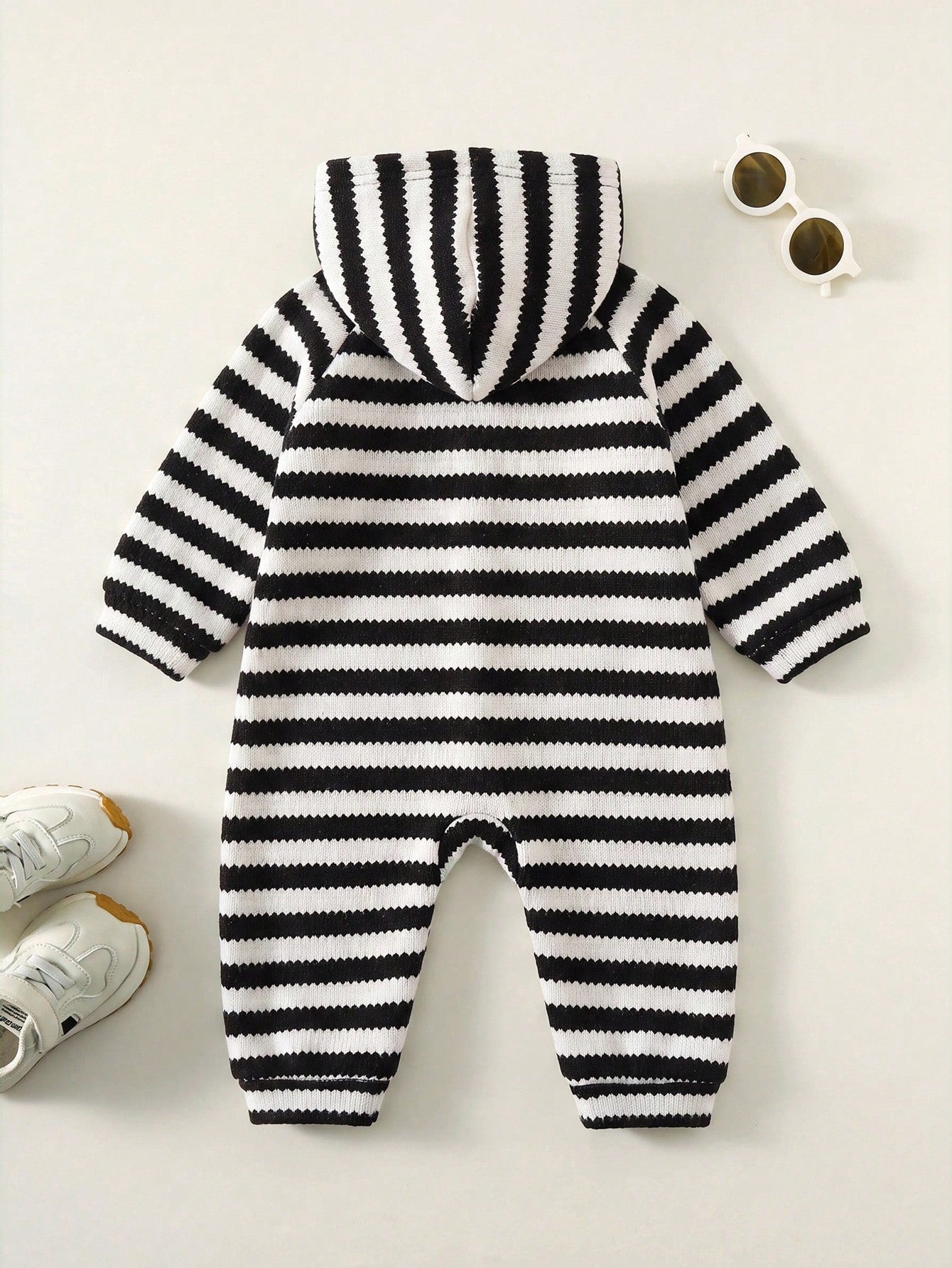 Newborn Baby Boy/Girl Cute Casual Sports Autumn/Winter Knitted Apricot Letter Pattern Hooded Romper Unisex Bear Black And White Stripe