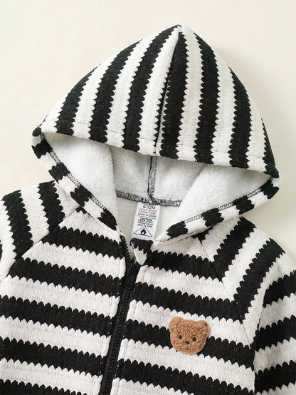 Newborn Baby Boy/Girl Cute Casual Sports Autumn/Winter Knitted Apricot Letter Pattern Hooded Romper Unisex Bear Black And White Stripe
