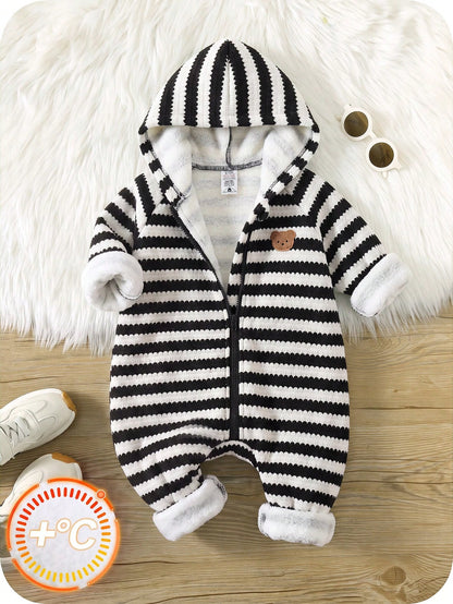 Newborn Baby Boy/Girl Cute Casual Sports Autumn/Winter Knitted Apricot Letter Pattern Hooded Romper Unisex Bear Black And White Stripe