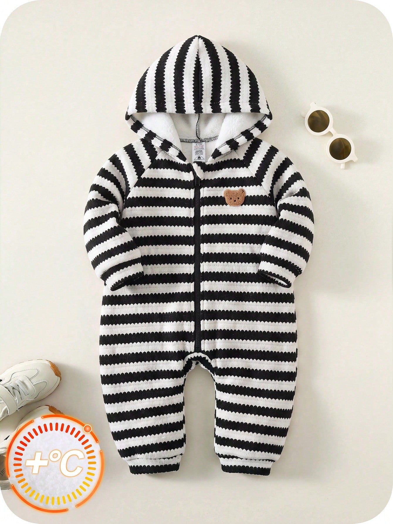 Newborn Baby Boy/Girl Cute Casual Sports Autumn/Winter Knitted Apricot Letter Pattern Hooded Romper Unisex Bear Black And White Stripe