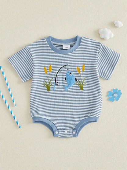 Newborn Baby Boy Summer Rompers Short Sleeve Striped Bodysuits 3M 6M 9M 12M 18M Infant Waffle One Piece Short Jumpsuit