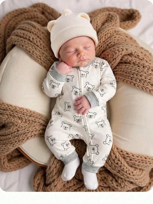 Newborn Baby Girl Cute Cartoon Pattern Knitted Long Sleeve Romper Casual Zipper Jumpsuit With For Boy Fall Suit Bear Print Pajamas Neutral