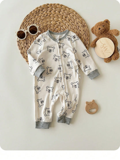 Newborn Baby Girl Cute Cartoon Pattern Knitted Long Sleeve Romper Casual Zipper Jumpsuit With For Boy Fall Suit Bear Print Pajamas Neutral
