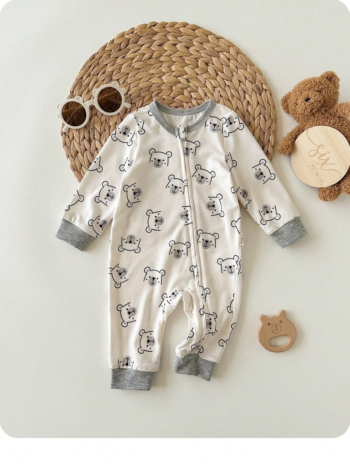 Newborn Baby Girl Cute Cartoon Pattern Knitted Long Sleeve Romper Casual Zipper Jumpsuit With For Boy Fall Suit Bear Print Pajamas Neutral