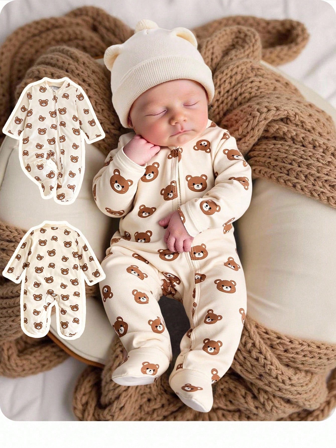 Newborn Baby Girl Cute Casual Cartoon Pattern Knit Long Sleeve Pajamas Fall Winter Neutral