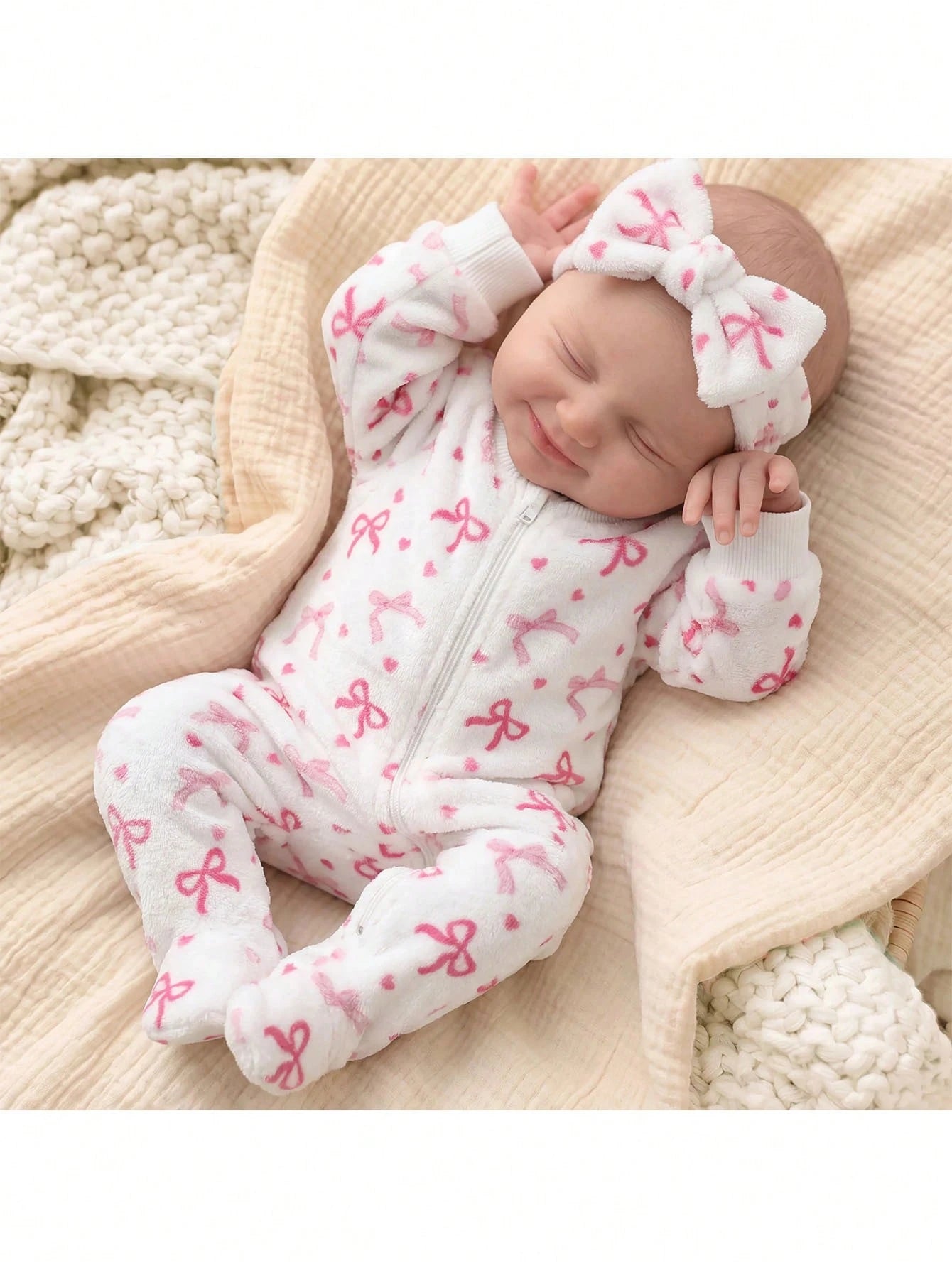 Newborn Baby Girl Cute Casual Fluffy Bowknot Pattern Autumn Romper Loungewear(1 Random Piece)