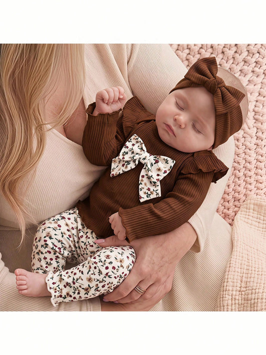 Newborn Baby Girl Cute Casual Knitted Bow Top Elastic Waist Ditsy Floral Pants Loungewear Set