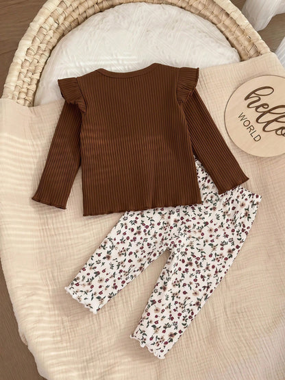 Newborn Baby Girl Cute Casual Knitted Bow Top Elastic Waist Ditsy Floral Pants Loungewear Set