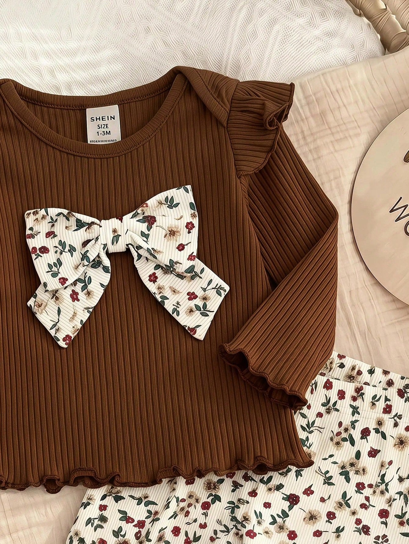 Newborn Baby Girl Cute Casual Knitted Bow Top Elastic Waist Ditsy Floral Pants Loungewear Set
