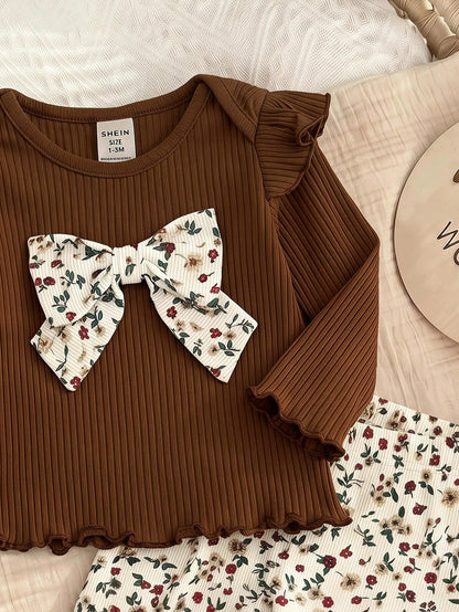 Newborn Baby Girl Cute Casual Knitted Bow Top Elastic Waist Ditsy Floral Pants Loungewear Set