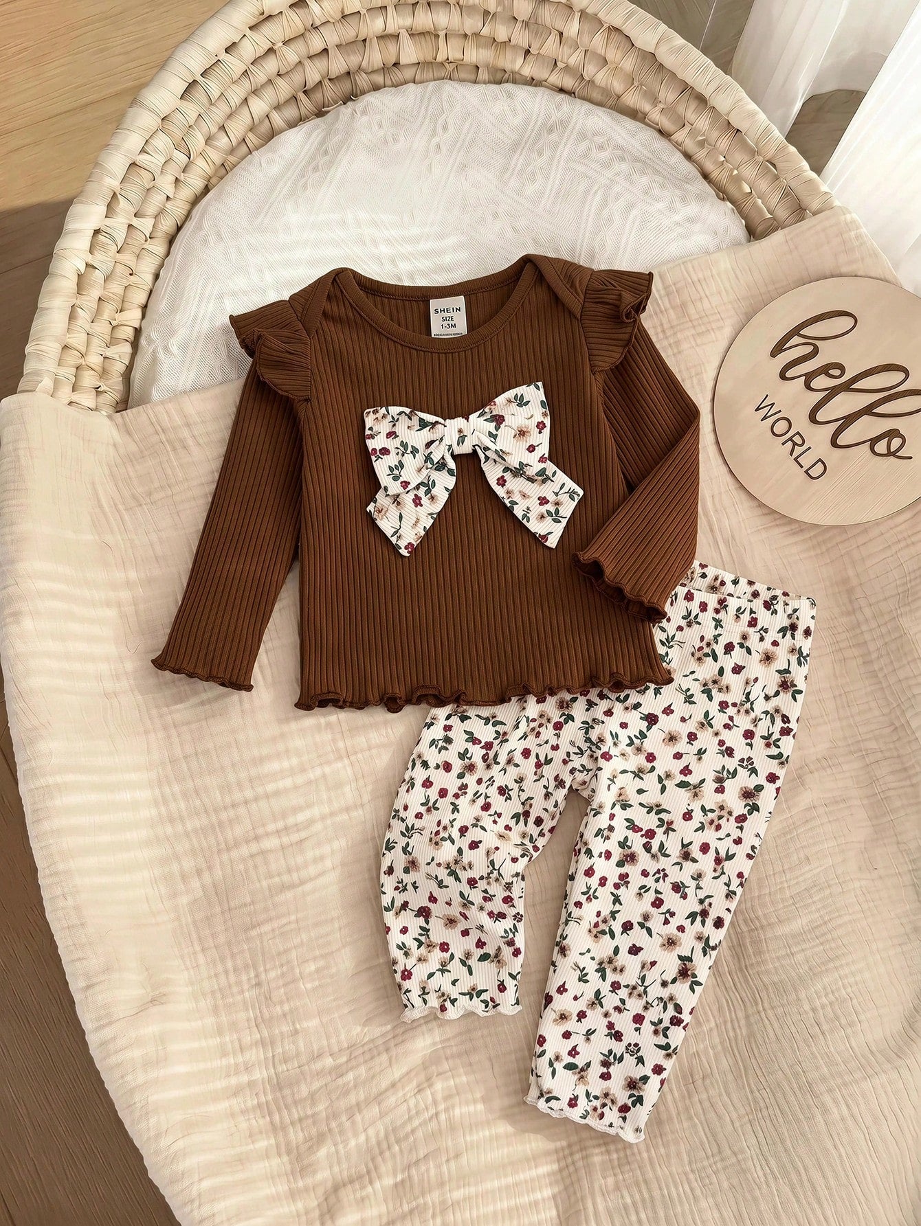 Newborn Baby Girl Cute Casual Knitted Bow Top Elastic Waist Ditsy Floral Pants Loungewear Set