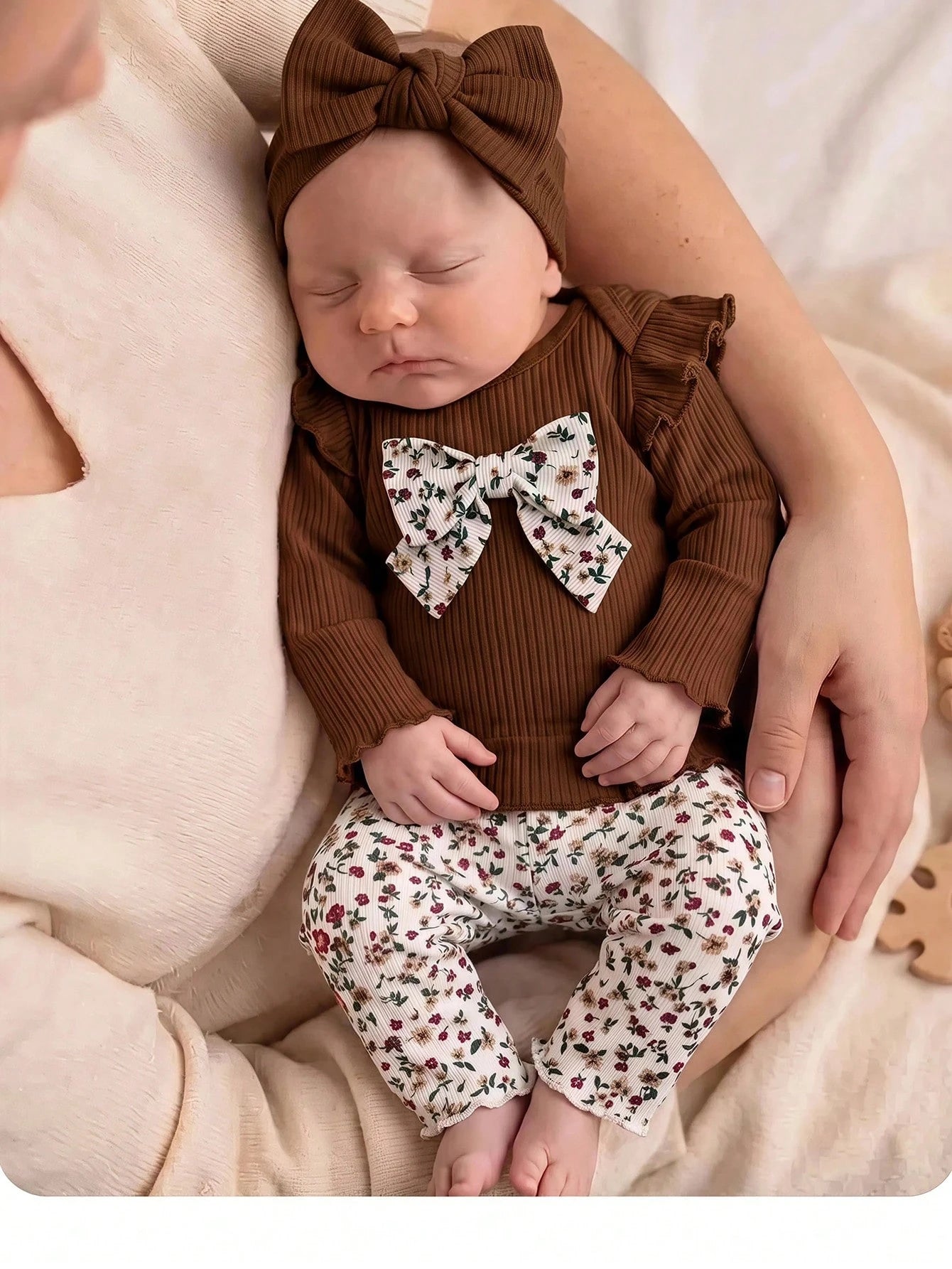 Newborn Baby Girl Cute Casual Knitted Bow Top Elastic Waist Ditsy Floral Pants Loungewear Set
