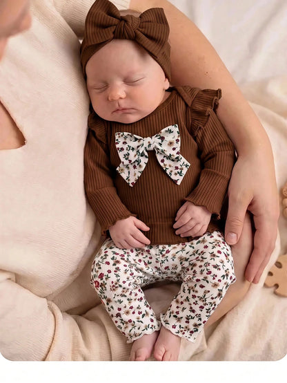 Newborn Baby Girl Cute Casual Knitted Bow Top Elastic Waist Ditsy Floral Pants Loungewear Set
