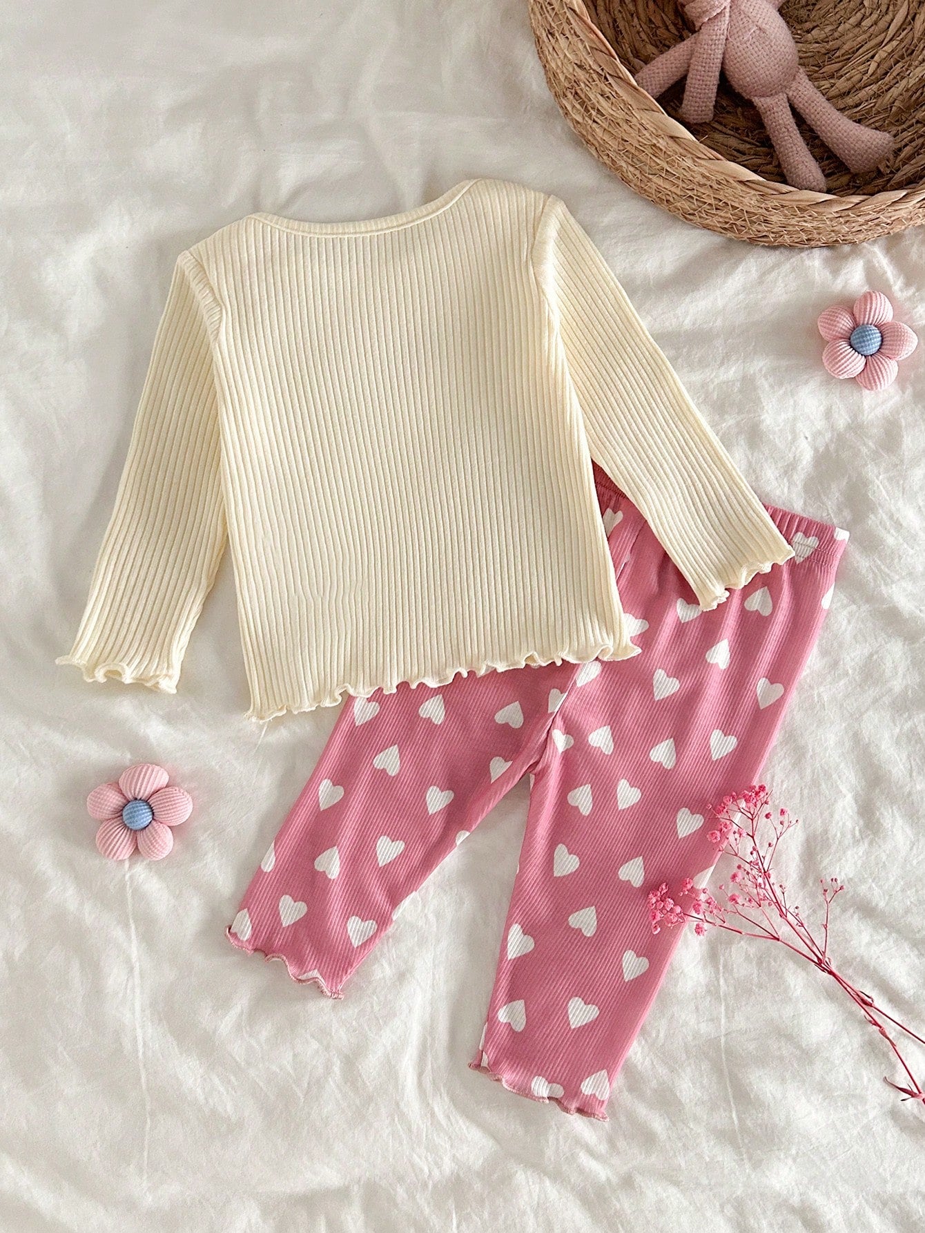 Newborn Baby Girl Cute Casual Knitted Bow Top Elastic Waist Ditsy Floral Pants Loungewear Set