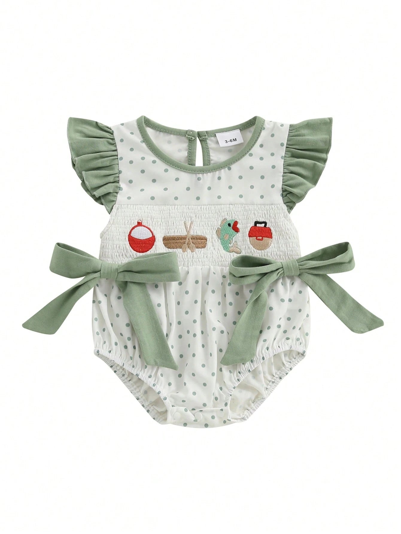 Newborn Baby Girl Fishing Outfit Fish Smocked Bubble Romper Dot Print Ruffle Bodysuit Infant Summer Clothes