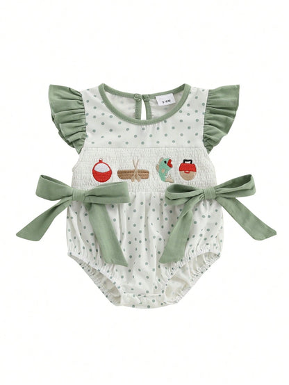 Newborn Baby Girl Fishing Outfit Fish Smocked Bubble Romper Dot Print Ruffle Bodysuit Infant Summer Clothes