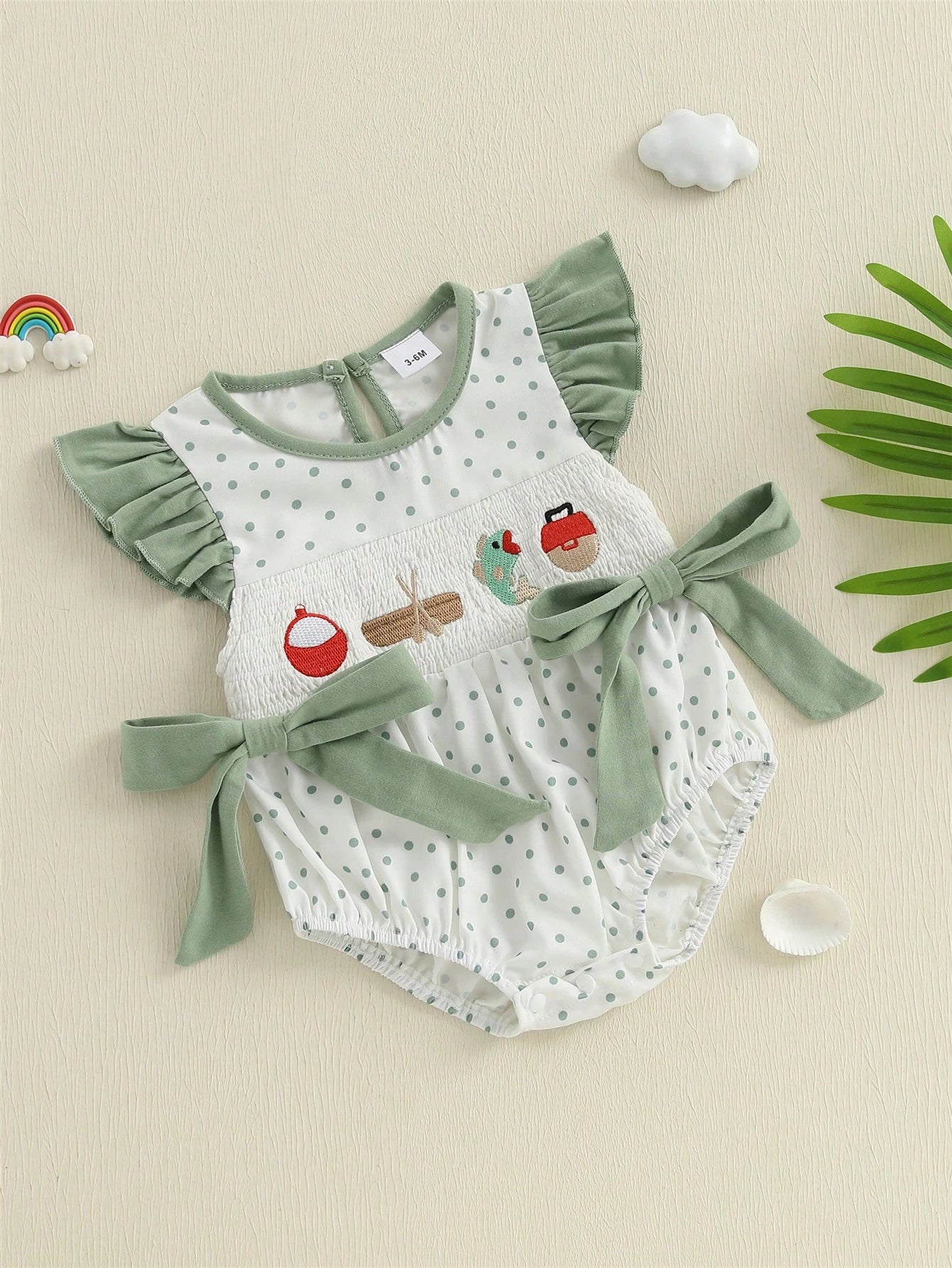 Newborn Baby Girl Fishing Outfit Fish Smocked Bubble Romper Dot Print Ruffle Bodysuit Infant Summer Clothes