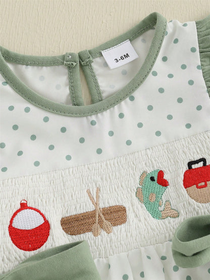 Newborn Baby Girl Fishing Outfit Fish Smocked Bubble Romper Dot Print Ruffle Bodysuit Infant Summer Clothes