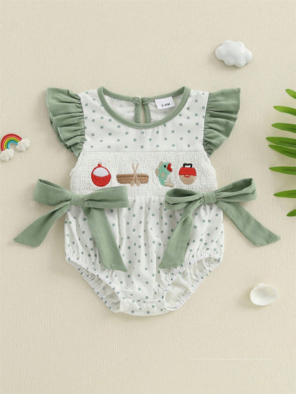 Newborn Baby Girl Fishing Outfit Fish Smocked Bubble Romper Dot Print Ruffle Bodysuit Infant Summer Clothes
