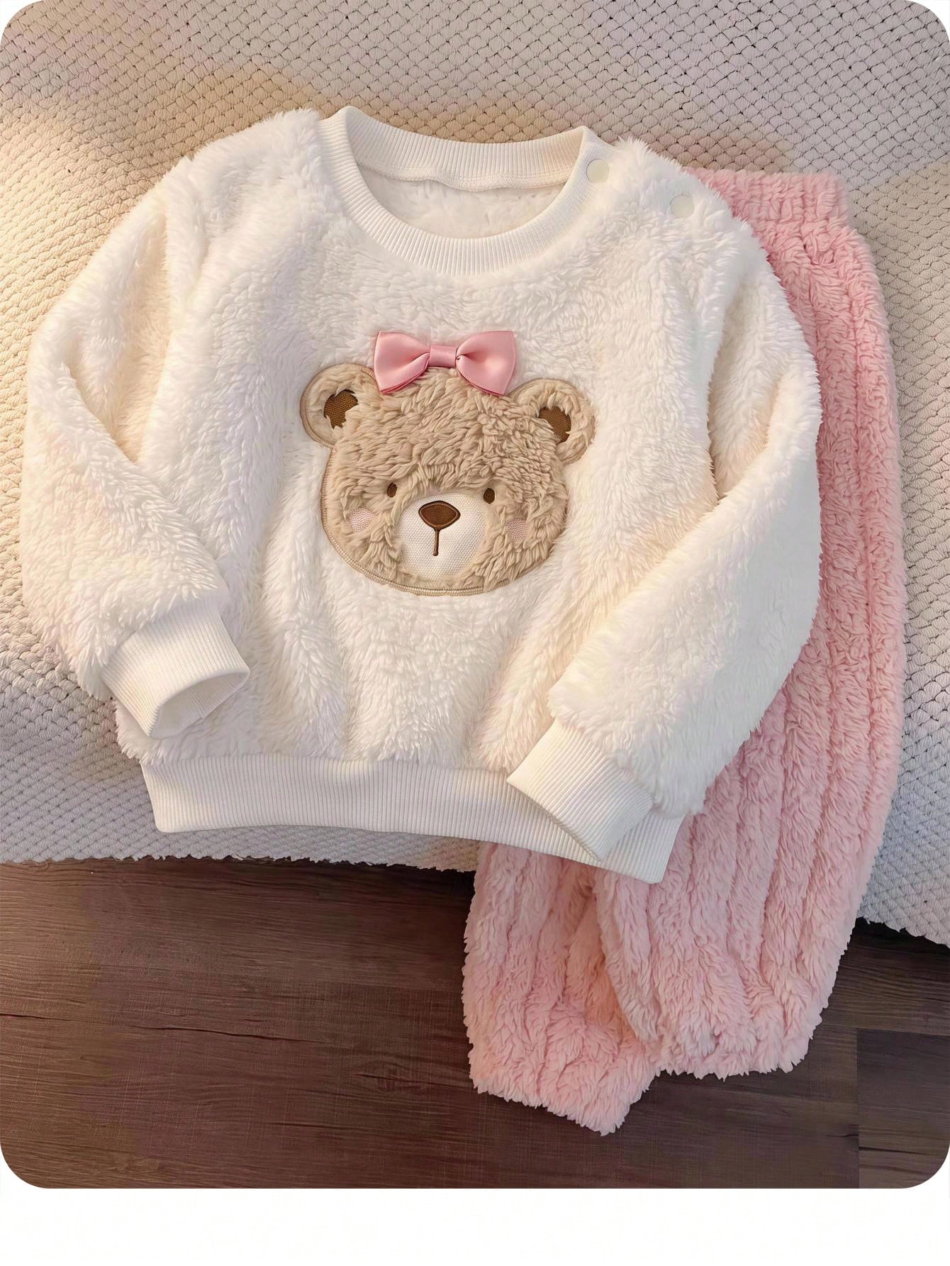 Newborn Baby Girl Pink Cute Cartoon Pattern Long Sleeve Winter Autumn Top & Elastic Waist Long Pants Set