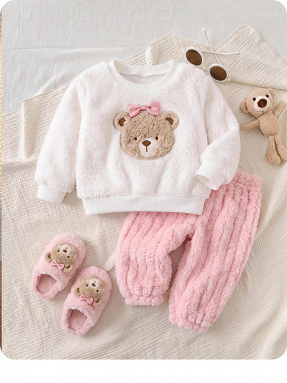 Newborn Baby Girl Pink Cute Cartoon Pattern Long Sleeve Winter Autumn Top & Elastic Waist Long Pants Set