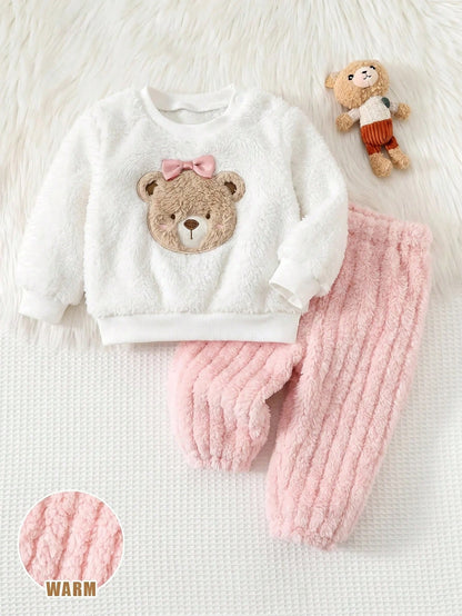 Newborn Baby Girl Pink Cute Cartoon Pattern Long Sleeve Winter Autumn Top & Elastic Waist Long Pants Set