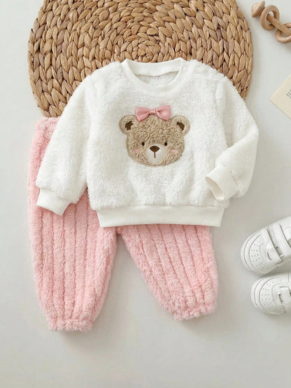Newborn Baby Girl Pink Cute Cartoon Pattern Long Sleeve Winter Autumn Top & Elastic Waist Long Pants Set