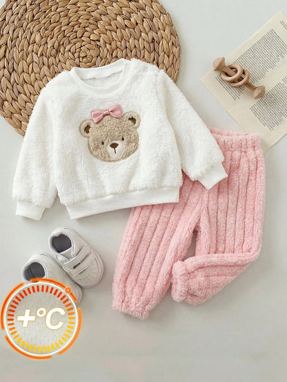 Newborn Baby Girl Pink Cute Cartoon Pattern Long Sleeve Winter Autumn Top & Elastic Waist Long Pants Set
