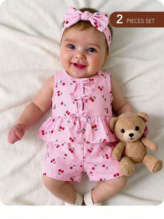 Newborn Baby Girl Vacation Casual Family Matching Cute Pink And Red Cherry Plaid Pattern VestShorts Set Printed Bow Photoshoot Party Summer