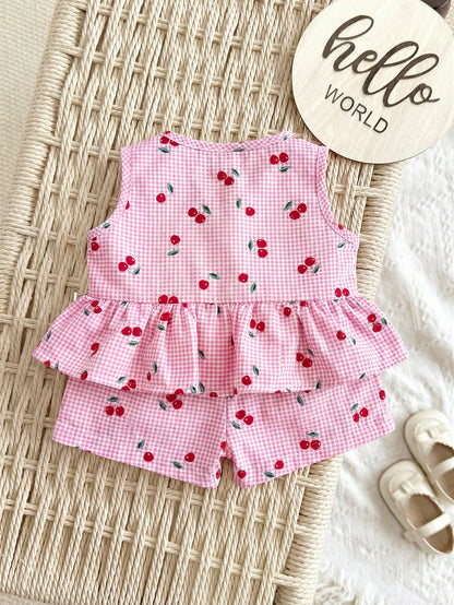 Newborn Baby Girl Vacation Casual Family Matching Cute Pink And Red Cherry Plaid Pattern VestShorts Set Printed Bow Photoshoot Party Summer