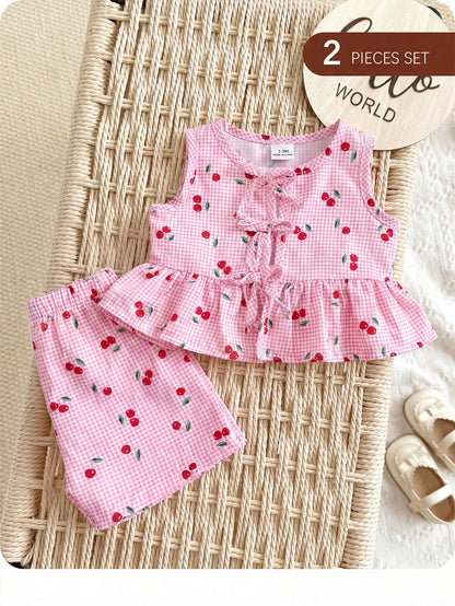 Newborn Baby Girl Vacation Casual Family Matching Cute Pink And Red Cherry Plaid Pattern VestShorts Set Printed Bow Photoshoot Party Summer
