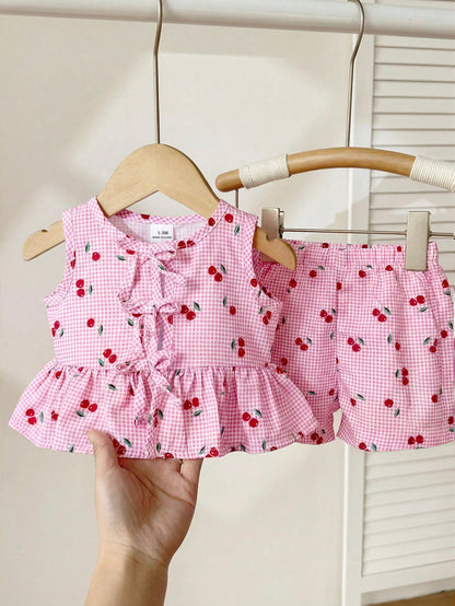 Newborn Baby Girl Vacation Casual Family Matching Cute Pink And Red Cherry Plaid Pattern VestShorts Set Printed Bow Photoshoot Party Summer