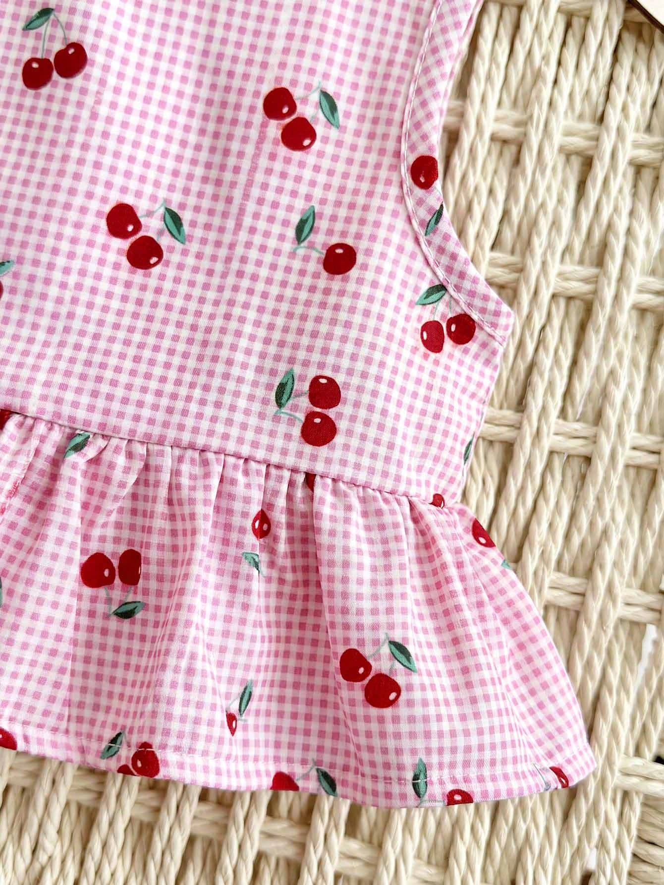 Newborn Baby Girl Vacation Casual Family Matching Cute Pink And Red Cherry Plaid Pattern VestShorts Set Printed Bow Photoshoot Party Summer