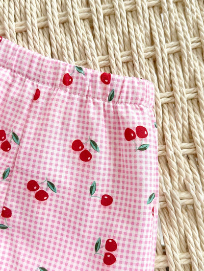 Newborn Baby Girl Vacation Casual Family Matching Cute Pink And Red Cherry Plaid Pattern VestShorts Set Printed Bow Photoshoot Party Summer