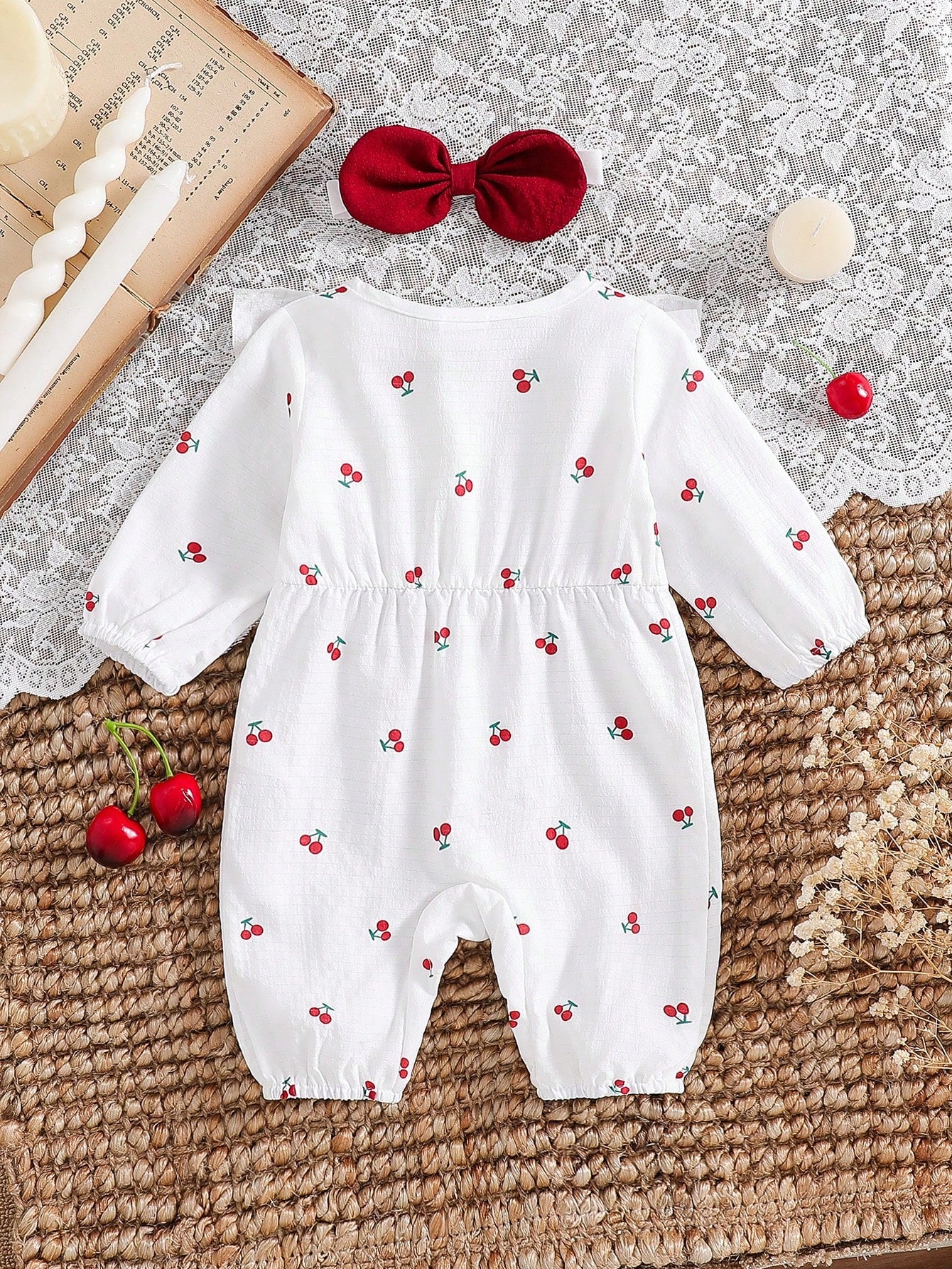 Newborn Baby Girls Cute Cartoon Cherry Print Collared Snap-Button Ruffle Trim Contrast Bow Long Sleeve Romper With Headband