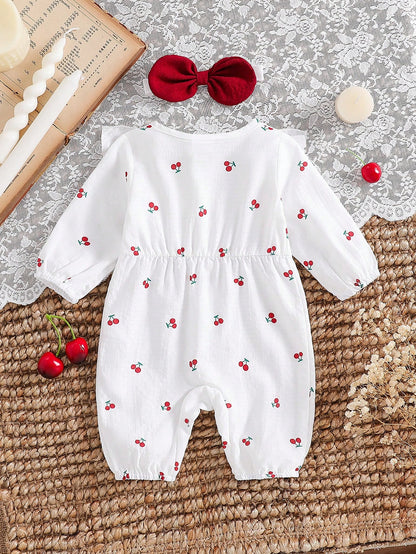 Newborn Baby Girls Cute Cartoon Cherry Print Collared Snap-Button Ruffle Trim Contrast Bow Long Sleeve Romper With Headband